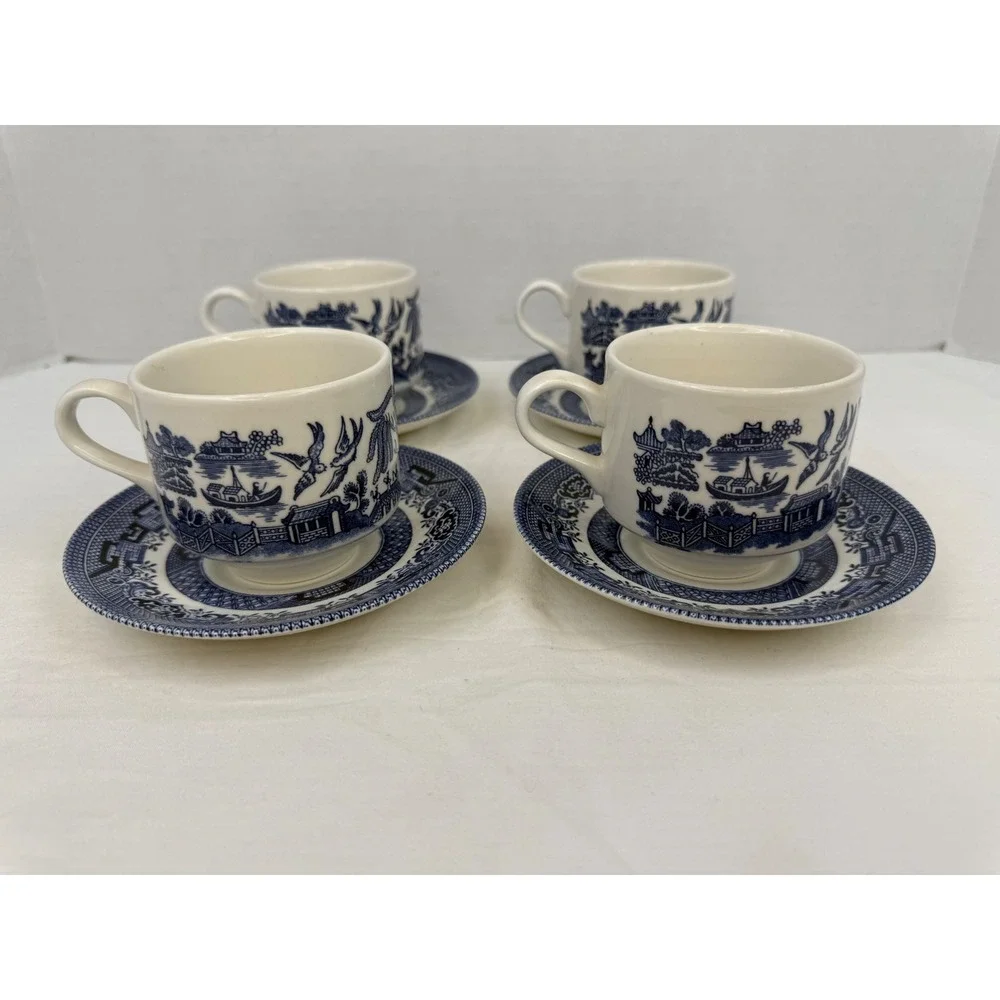 Churchill Blue Willow Tea Cups and‎ Saucers Set of 4 Made in England Blue White